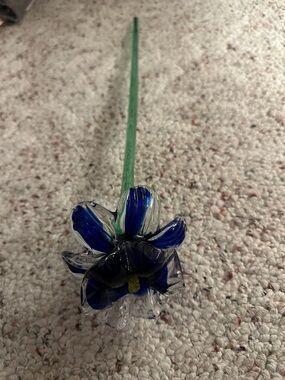 Handblown Glass Blue Iris Flower Stem Decorative Accent